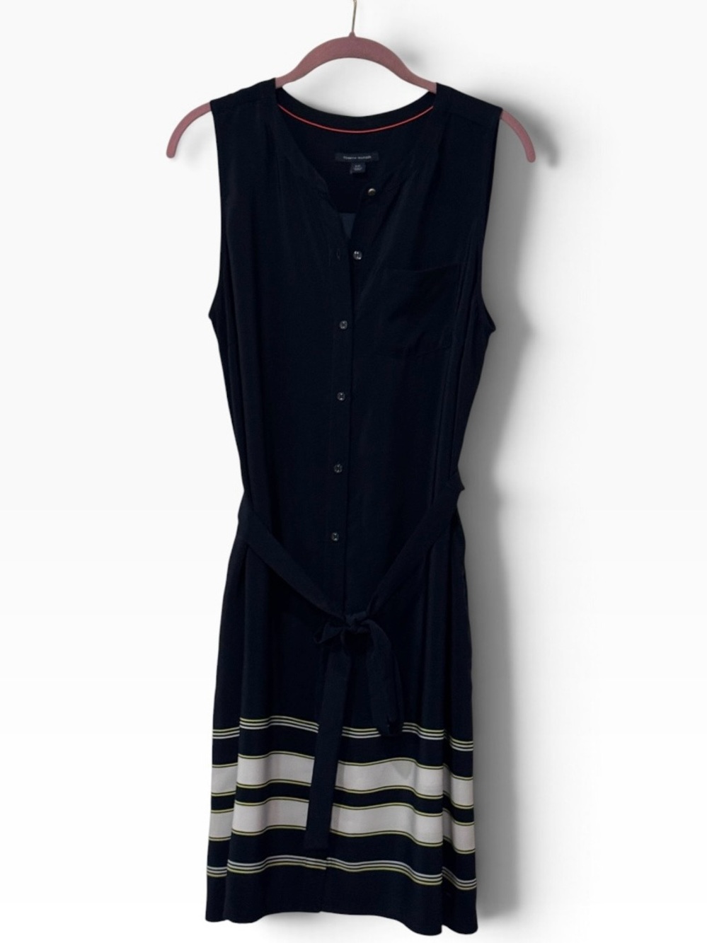 Tommy Hilfiger Navy Button Front Belted Maxi Dress L Polyester Stripe Hem